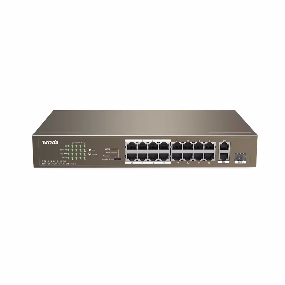 TEF1118P Tenda16XFE+1SFP Rack Mount 150W PoE Switch
